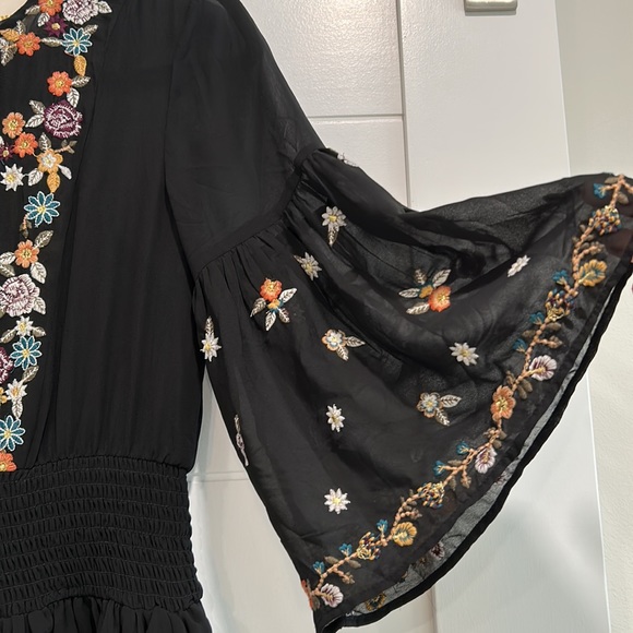 Maeve Floral Sheer Tiered Dress, Black w/Embroidered Flowers, Size 2 - Picture 4 of 15